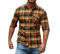Mens Checked Shirt Fall Harvest Pliad Shirts with Pockets Flannel Long Sleeve Button Down Tops Lumberjack Clothes (Black,XXL)