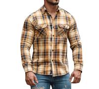 Mens Checked Shirt Fall Harvest Pliad Shirts with Pockets Flannel Long Sleeve Button Down Tops Lumberjack Clothes (Grey,XXL)