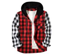 Mens Checked Shirt Long Sleeve Hooded Flannel Shirts Casual Drawstring Button Down Work Plaid Hoodie Adult Regular Fit Lightweight 4 Seasons Lumberjack Jacket with Pocket S-5XL Red