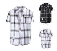 Mens Checked Shirt Short Sleeve Mens Button T Shirts Half Sleeve Regular Fit Plaid Shirts Polo Short Shirt Vintage Cowboy Short-Sleeved Jacket Turndown Collar Shorts Sleeves With Pocket