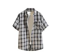 Mens Checked Shirt Short Sleeve, Short Sleeved Shirts for Men Plaid Print Regular Fit Casual Shirt Button Down Turn-Down Collar Summer Tops Lightweight Outerwear with Pocket M-5XL Black