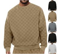 Mens Checker Sweatshirts Knitted Sweaters Long Sleeve Jumper Crewneck Pullover Casual Knitwear Plaid Shirt Classic Cotton Sweater Loose Lightweight Sweatshirt for Autumn Winter, Hiking, Work
