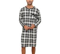 Men's Checkered Pyjama Tops Soft Sleepwear Breathable Nightgown Knee Length Night Shirts Loose Nightwear Lounge Wear,Long Sleeve/White Black Check(94% Polyester, 6% Spandex)-type1/L