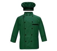 Men's Chef Jacket Full Sleeve Multi Color Chef Coat in Black Piping With Free Chef Cap, Green, XL
