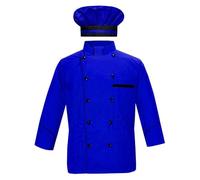 Men's Chef Jacket Full Sleeve Multi Color Chef Coat in Black Piping With Free Chef Cap, Royal Blue, XXL