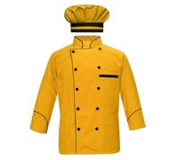 Men's Chef Jacket Full Sleeve Multi Color Chef Coat in Black Piping With Free Chef Cap, Yellow, XL