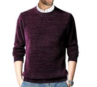 Men's Chenille Crewneck Sweater Long Sleeve Regular Fit Knitted Sweater Winter Fleece Pullover Warm Fleece Lined Sweatshirts, Purple, Large