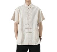 Men's Chinese Frog Button Tang Suit Tops Summer Retro Loose Pure Color Short Sleeve Linen Shirts Beige 3XL