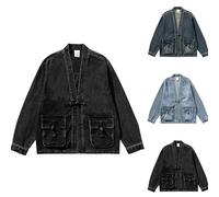 Mens Chinese Jackets Mens Denim Coats Classic Style Trucker Coat Western Jeans Jackets Traditional Uniform Outerwear Loose Fit Long Sleeve Clothing With Chinese Frog Teens Boys Coats