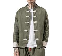 Men's Chinese Style Jacket, Long Sleeve, Grandad Collar, Warm Coat Army Green M
