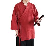 Men's Chinese style linen cardigan jacket loose kimono jacket solid color self-tie Hanfu traditional clothing - red - Large