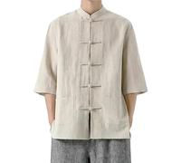 Mens Chinese Traditional Linen Shirts 3/4 Sleeve Tang Suit Top Kung Fu Frog-Button Mandarin Collar Shirt Cotton Tai Chi Vintage Outfits Clothes Khaki