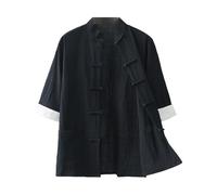 Mens Chinese Traditional Pure Cotton Shirts Short Sleeves Tang Suit Top Kung Fu Frog-Button Mandarin Collar Tai Chi Vintage Outfits Clothes XL Black
