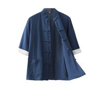 Mens Chinese Traditional Pure Cotton Shirts Short Sleeves Tang Suit Top Kung Fu Frog-Button Mandarin Collar Tai Chi Vintage Outfits Clothes XL Blue