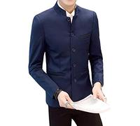 Men's Chinese Tunic Suits Mandarin Collar Formal Jacket Slim Fit Front Button Blazer Traditional Uniform Groom Dress, Navy, Medium