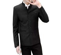 Men's Chinese Tunic Suits Mandarin Collar Formal Jacket Slim Fit Front Button Blazer Traditional Uniform Groom Dress - Black - S