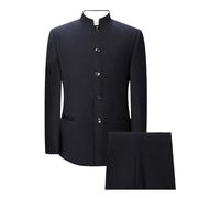 Mens Chinese Tunic Suits Stand Collar 2 Piece Solid Slim Fit Suits Blazer Traditional Uniform Groom Sport Coat Pant Set (Navy Blue,L)