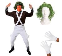 Mens Chocolate Factory Worker Costume Set with Green Wig White Gloves | brown long-sleeve top, white dungarees, striped collar and cuffs, green wig, white gloves, adult book day fancy dress