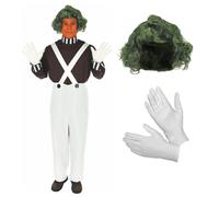 Mens Chocolate Factory Worker Costume + Wig Adult Movie TV Fancy Dress S -XL