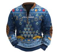 Men's Chrishnukkah Jumper for Christmas and Hanukkah - Knitted Look Sweatshirt with Zip | Festive Troyer for the Holidays, style_u01 blue, L