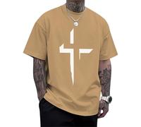 Men's Christian T-Shirts Religious Cross Printed Tees Short Sleeve Cotton T-Shirt Drop Shoulder Casual Tops Travel & Khaki S