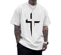 Men's Christian T-Shirts Religious Cross Printed Tees Short Sleeve Cotton T-Shirt Drop Shoulder Casual Tops Travel White 4XL