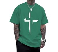 Men's Christian T-Shirts Religious Cross Printed Tees Short Sleeve Cotton T-Shirt Drop Shoulder Casual Tops Travel & Green XL