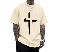 Men's Christian T-Shirts Religious Cross Printed Tees Short Sleeve Cotton T-Shirt Drop Shoulder Casual Tops Travel & Creamy S