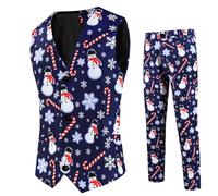 Men's Christmas 2 Piece Slim Fit Suit Set Mens Fun Christmas Waistcoat Trousers Set V-Neck Button Down Vest Waistcoat Trousers Red/Green Xmas Tree/Snow/Elk/Snowflake for Dinner,Prom,Wedding