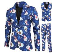 Men's Christmas Casual Business Suit 3 Piece Suit One Button Jackets Vests Pants Funny Xmas Snowman Snowflake Tuxedo Suits (A-Suit 1, XXXL)
