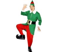 Mens Christmas Elf Costume Santa Helper Outfit Hat Belt Fancy Dress
