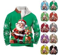 Men's Christmas Fleece Jumper Santa Claus Reindeer Printed Sweatshirt Mens Stand Collar Pullover Xmas 1/4 Zipper Shirt Long Sleeved Blouse with Front Pocket Sweatshirts Novelty Funny Festival Tops