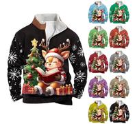 Mens Christmas Fleece Sweatshirt, Men's Reindeer Christmas Tree Printed Jumper 1/4 Zipper Pullover, Xmas Stand Collar Blouse Long Sleeved Tops with Front Pocket Shirt Snowflakes Pattern Sweater