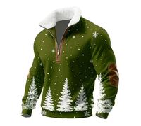Men's Christmas Half Zip Sweatshirt with Sherpa Collar, Snowflake & Christmas Tree Print, Warm Fleece Lined Pullover, Festive Holiday Party Casual Jumper for Winter Light Green