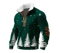 Men's Christmas Half Zip Sweatshirt with Sherpa Collar, Snowflake & Christmas Tree Print, Warm Fleece Lined Pullover, Festive Holiday Party Casual Jumper for Winter Green