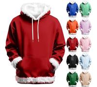 Mens Christmas Hoodie Fuzzy Long Sleeve Xmas Sweatshirt Solid Color Loose Casual Pullover Oversized Drawstring Christmas Jumper Fleece Warm Hoodies Lightweight Cozy Sweatshirt With Pocket Red