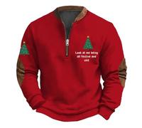 Mens Christmas Jumper, Comfortable Christmas Sweatshirt, Xmas Novelty Pullover Top, Funny Snowflakes Sweater Xmas Elements Print Long Sleeve Sweatshirt Stand Collar Zip Up Jumper Red