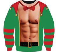 Mens Christmas Jumper Funny Elf Design Mens Six-Pack Abs (X Large) 3D Funny 3D Six Pack Abs Novelty Xmas Sweater for Men Adults - Hilarious, Ugly Christmas Sweatshirt Couples