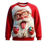 Mens Christmas Jumper, Funny Santa Claus Face with Glasses Sticking Tongue Out Holding Baubles Print Crew Neck Long Sleeve Ugly Christmas Sweater, Festive Bell Pullover