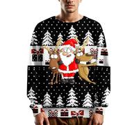 Mens Christmas Jumper Xmas Tree & Reindeer Fairisle Pattern Long Sleeve Knit Crew Neck Crew Xmas Sweater Hooded Sweatshirts Drawstring Casual Hoody with Kanga Pocket Santa Jacket Adult (Black-5,5XL)