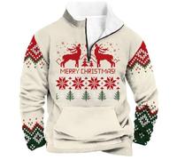 Mens Christmas Jumpers 1/4 Zip Fleece Ugly Christmas Sweatshirt Men's Long Sleeve Collar Xmas Tree Jumper Pullover Winter Warm Funny Printed Xmas Sweatshirts Thermal Sweater