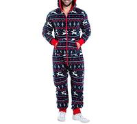 Mens Christmas Onesies for Adults Hooded Fleece Jumpsuits All in One Pajamas Buffalo Plaid Overall Bodysuit PJS Holiday Homewear Jumpsuit Thermal with Pockets Zipper Xmas Nightwear Navy