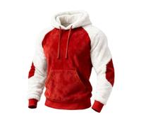 Men's Christmas Patchwork Fleece Warm Jumper, Plush Thickened Thermal Hooded Sweatshirt with Pocket Xmas Hoodies Plus Size Streetwear Winter Casual Cosy Pullover Tops (Watermelon Red, L)