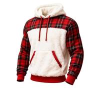 Men's Christmas Plaid Patchwork Fleece Jumper, Plush Thickened Thermal Hooded Sweatshirt with Pocket Xmas Warm Hoodies Streetwear Winter Casual Cosy Pullover Tops (Red, L)