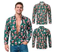 Mens Christmas Shirt 3D Printed Santa Claus Shirts Funny Long Sleeve Button Down Ugly Xmas Shirt Snowman Elf Reindeer Hawaiian Costume Festive Holiday Party (UK, Alpha, L, Regular, Regular, Green)