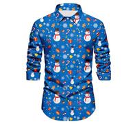 Mens Christmas Shirt 3D Printed Santa Claus Shirts Funny Ugly Long Sleeve Button Down Xmas Shirt Snowman Elf Reindeer Hawaiian Costume Festive Holiday Party(Blue, S)