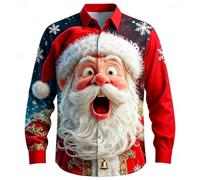Mens Christmas Shirt Elf Santa Reindeer Print Stylish Casual Business Slim Fit Long Sleeve Button Up Dress Shirt Xmas Custome Adult