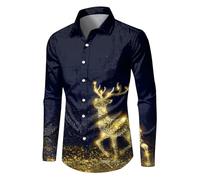 Men's Christmas Shirt Long Sleeve Gold Tree Print Button Down Shirt - Iuxury Festive Xmas Party Top, Funny Novelty Holiday Outfit, Casual Slim Fit Prom Dinner Blouse for Men (A03-Black, XXXXXL)