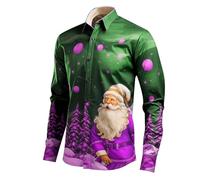 Men's Christmas Shirt, Men's Long Sleeve, Funny Christmas Long Sleeve Shirt, Button Down Turn-Down Collar with Santa Print, Christmas Costume, Regular Fit, Christmas Shirts, Christmas Outfit, Green