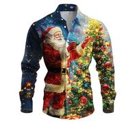 Mens Christmas Shirts Novelty Santa Claus Xmas Tree Tops Plus Size Long Sleeve Lapel Collar Shirts Casual Loose Button Down Tops Lightweight Comfy Holiday Party Blouses Fall Winter